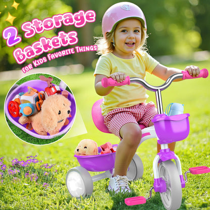 HappyGoLucky Tricycles Toys for 2-5 Year Old Girls Gifts, Balance Bike 2+ 3 4 5 Year Old with 3 Colorful Lighting Wheels & Removable Pedals, Baby Toddler Kids Cycle Trikes Bike Girls Toys Age 2-5