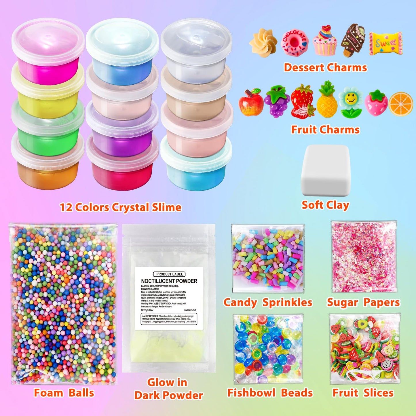 YOPINSAND DIY slime making kit with 12 colors, glow-in-the-dark slime, foam balls, charms, and sequins for creative fun.