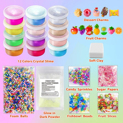 YOPINSAND DIY slime making kit with 12 colors, glow-in-the-dark slime, foam balls, charms, and sequins for creative fun.