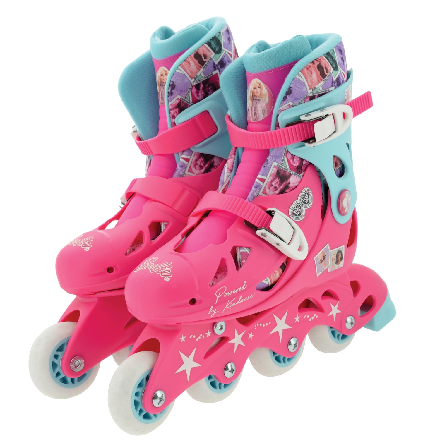 Barbie-themed M.V. Sports inline skates with adjustable fit, pivoting heel cuff, durable construction, suitable for shoe sizes 13-3.