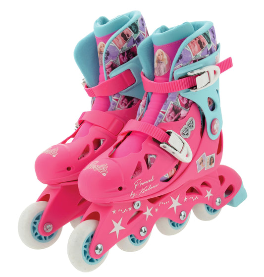 Barbie-themed M.V. Sports inline skates with adjustable fit, pivoting heel cuff, durable construction, suitable for shoe sizes 13-3.