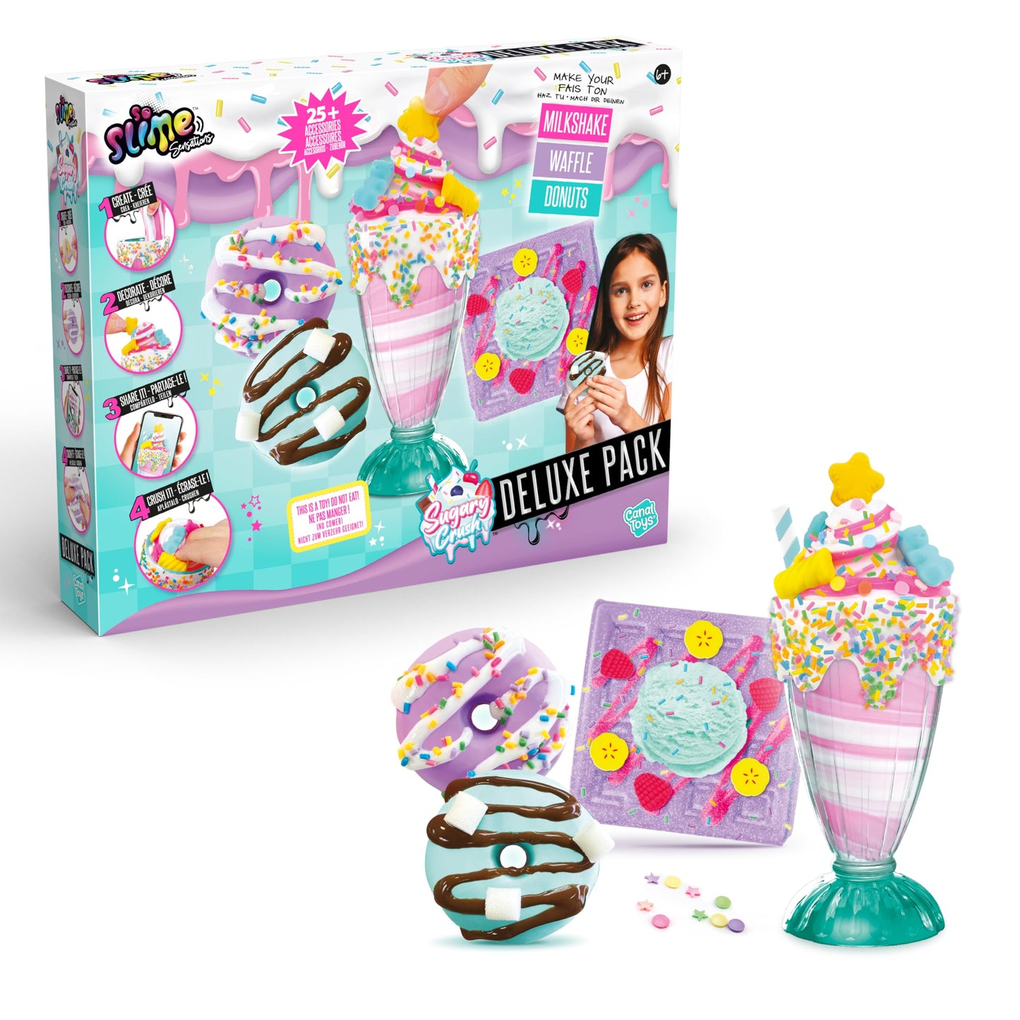 Canal Toys So Slime Sensations Sugary Crush deluxe slime kit with dessert slime, milkshake, waffles, donuts, and 25+ accessories for kids.