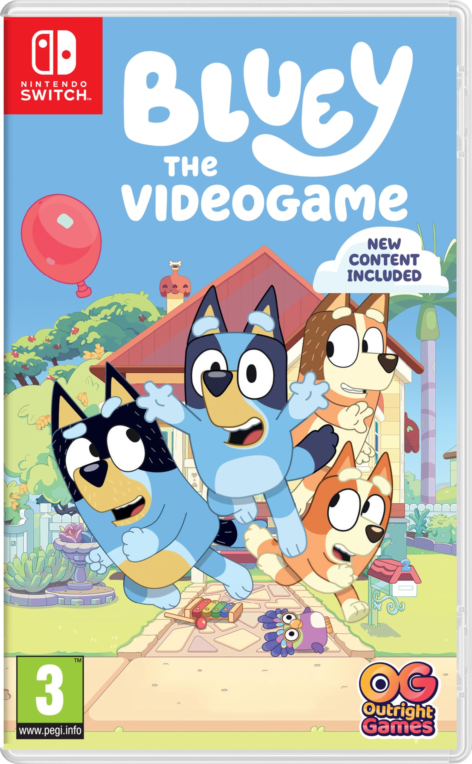 Bluey: The Videogame for Nintendo Switch, featuring colorful game cover art with Bluey and friends from Outright Games.