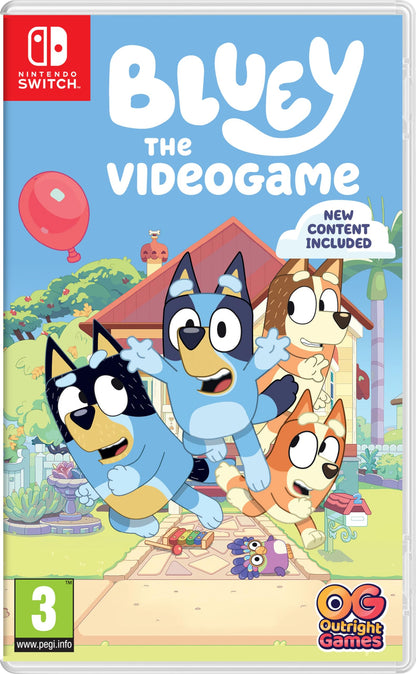 Bluey: The Videogame for Nintendo Switch, featuring colorful game cover art with Bluey and friends from Outright Games.