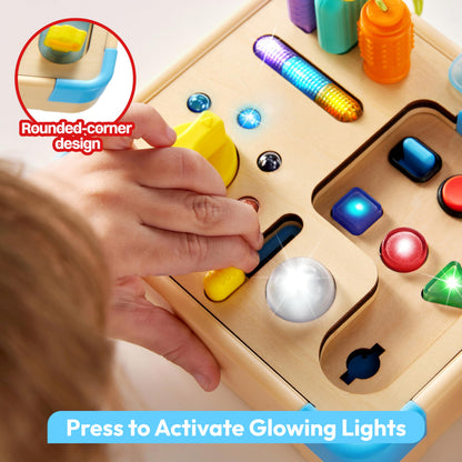 lalalark Montessori Busy Board,Baby Sensory Learning Toy, Wooden Toy Activity Board with 15 LED Lights & 9 Sound Effects Motor Skills,Baby Girls Boys Gifts