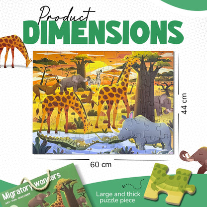 Safari Puzzle for Kids Ages 3–8 – 60-Piece Montessori Floor Puzzle for Boys & Girls | Travel Toy, Toddler Learning Game & Gift for 3 4 5 Year Olds | Migratory Wonders Jigsaw