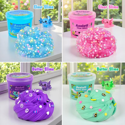 Four colorful axolotl-themed fluffy slime jars in pink, blue, purple, and green with charms, soft, stretchy, ideal for kids and party favors.