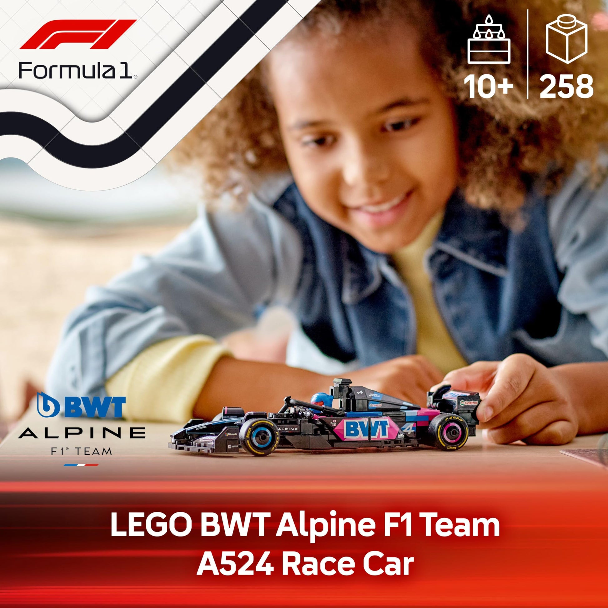 LEGO Speed Champions BWT Alpine F1 Team A524 race car toy with collectible Formula 1 driver minifigure, model kit for ages 10+.