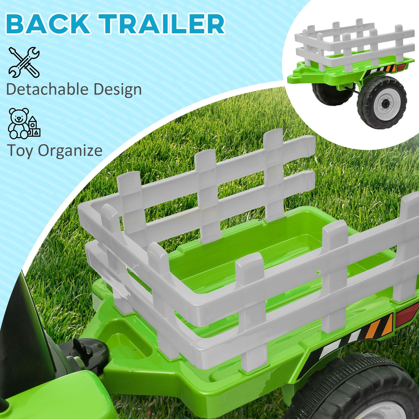HOMCOM Kids Electric Car, 12V Electric Ride on Tractor and Trailer with Detachable Trailer Remote Control, USB, Horn, Lights, Start-Up Sound, for Ages 3-6 Years, Green