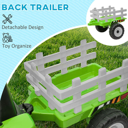 HOMCOM Kids Electric Car, 12V Electric Ride on Tractor and Trailer with Detachable Trailer Remote Control, USB, Horn, Lights, Start-Up Sound, for Ages 3-6 Years, Green