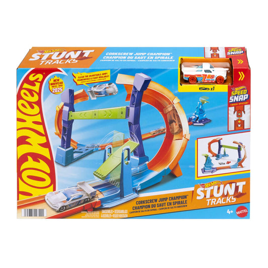 Hot Wheels Toy Car Track Set, Flip & Jump Through the Corkscrew Loop with a 1:64 Scale Toy Car, Speed Snap Track & Adapters, Compresses for Storage, JFH36