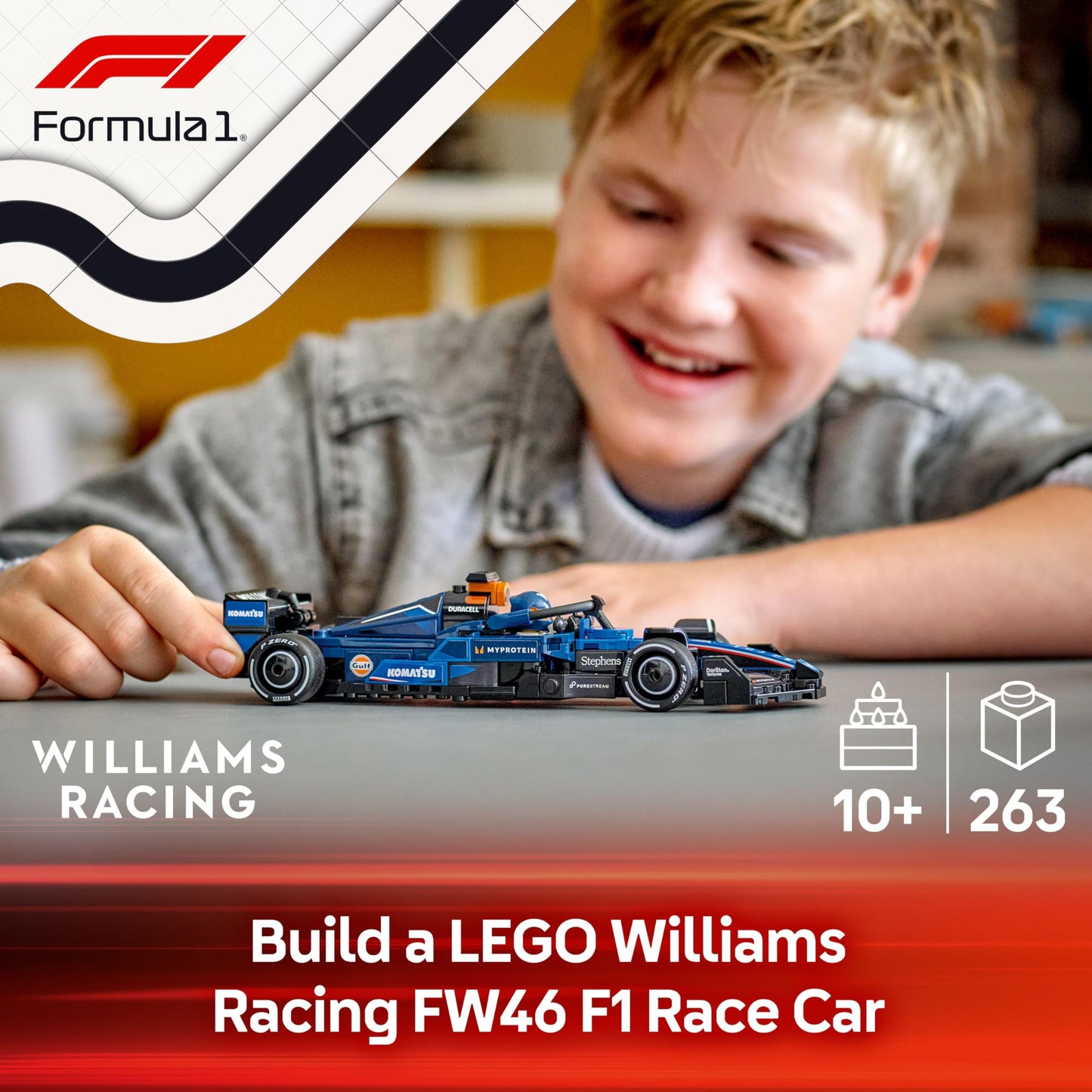 LEGO Speed Champions Williams Racing FW46 F1 race car toy with collectible driver minifigure, ideal for ages 10 and up.