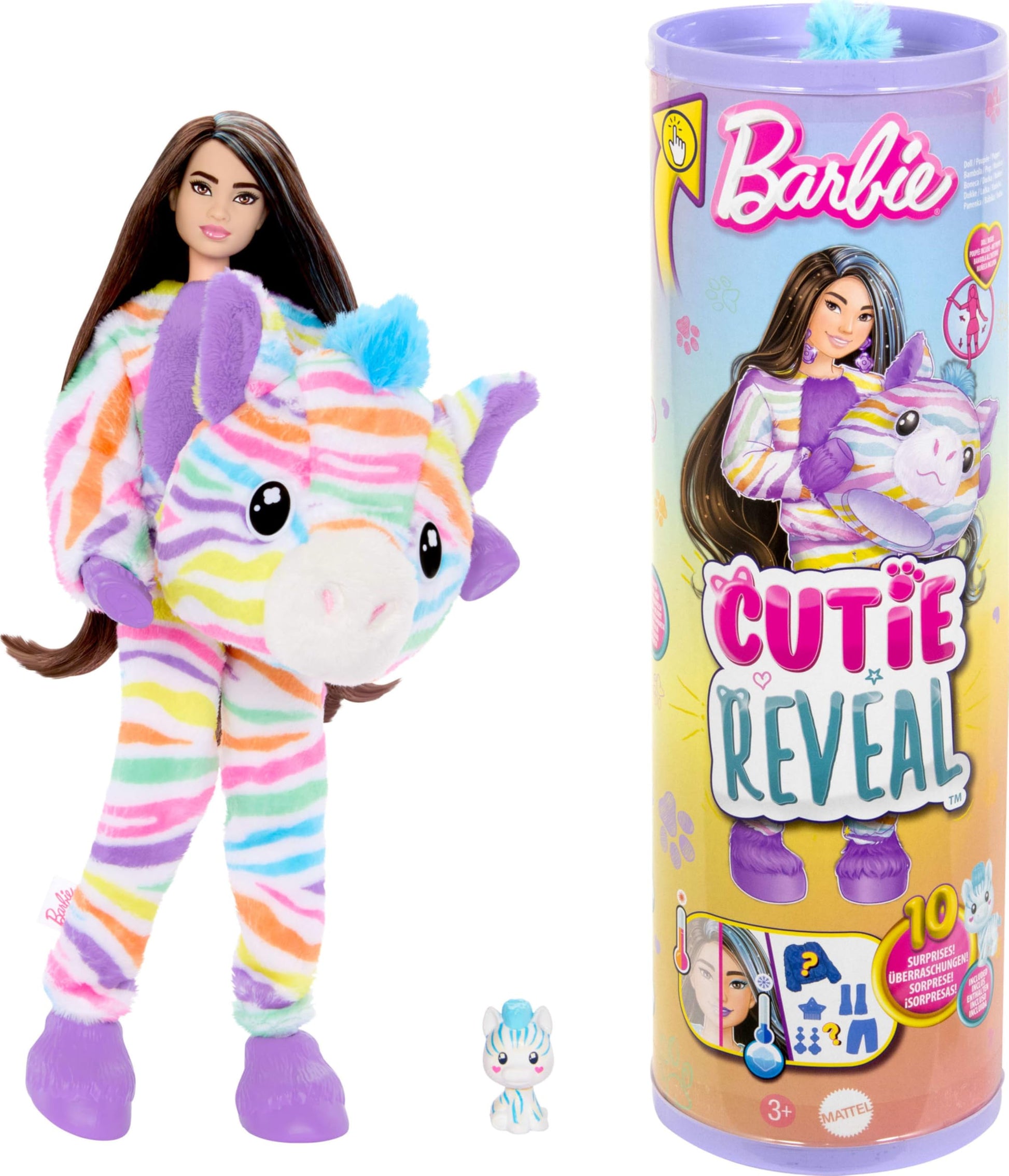 Barbie Cutie Reveal Doll with rainbow zebra plush costume and accessories, featuring color change surprises from the Color Dream series.