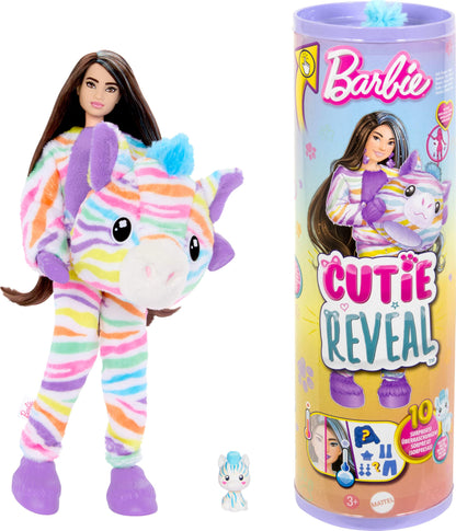 Barbie Cutie Reveal Doll with rainbow zebra plush costume and accessories, featuring color change surprises from the Color Dream series.