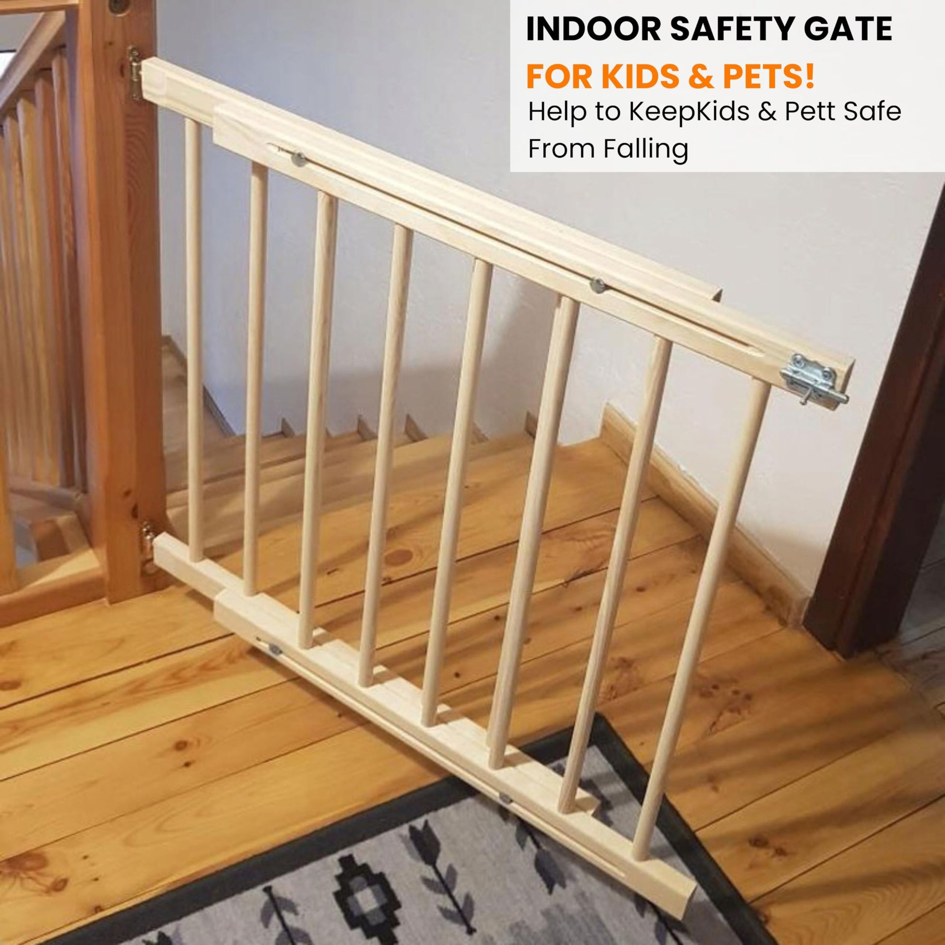 Extendable wooden baby gate by NOVECRAFTO, safety gate for doorways and stairs, suitable for pets and babies, with lock and durable design.