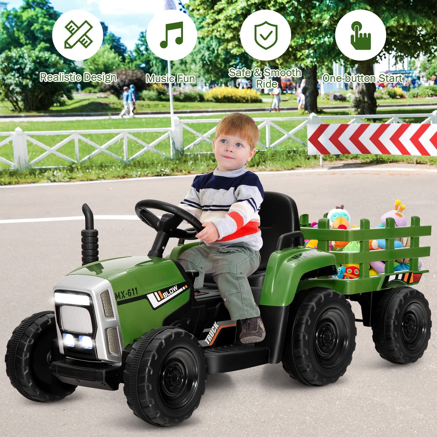 COSTWAY dark green ride-on tractor with trailer, 12V battery, LED lights, remote control, and music features for kids ages 3+