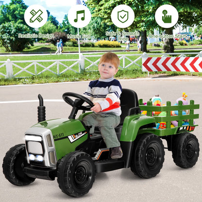 COSTWAY dark green ride-on tractor with trailer, 12V battery, LED lights, remote control, and music features for kids ages 3+