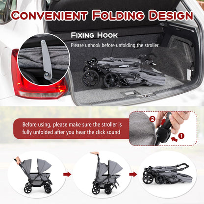 GYMAX Double Seat Stroller with Adjustable Push Handle, Detachable Canopy and Foot Rest, Foldable Baby Pushchair Buggy for Traveling, Going Shopping & Hanging Out (Grey)