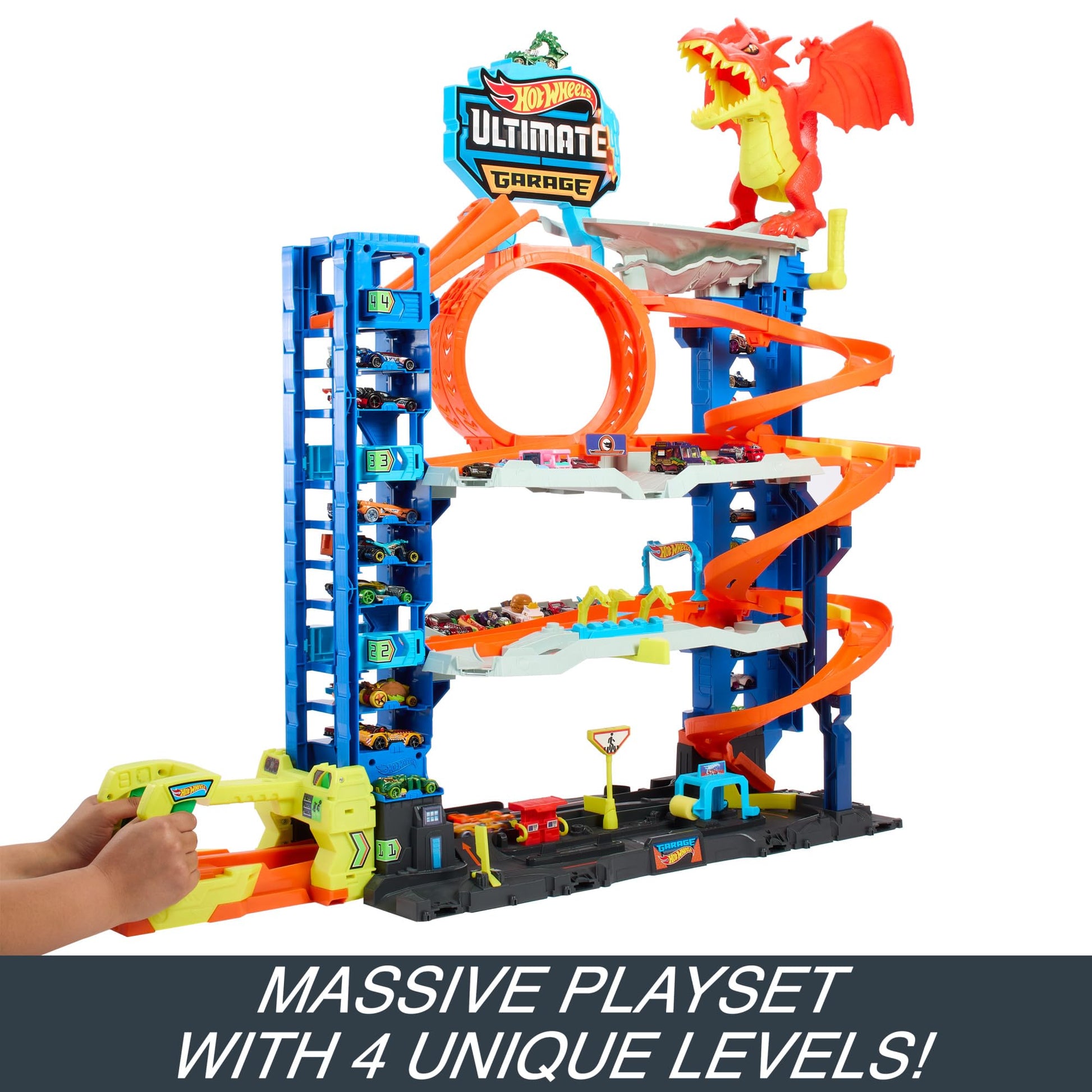 Hot Wheels City Ultimate Garage Playset with 2 die-cast cars, featuring 4 levels of track and dragon challenge.