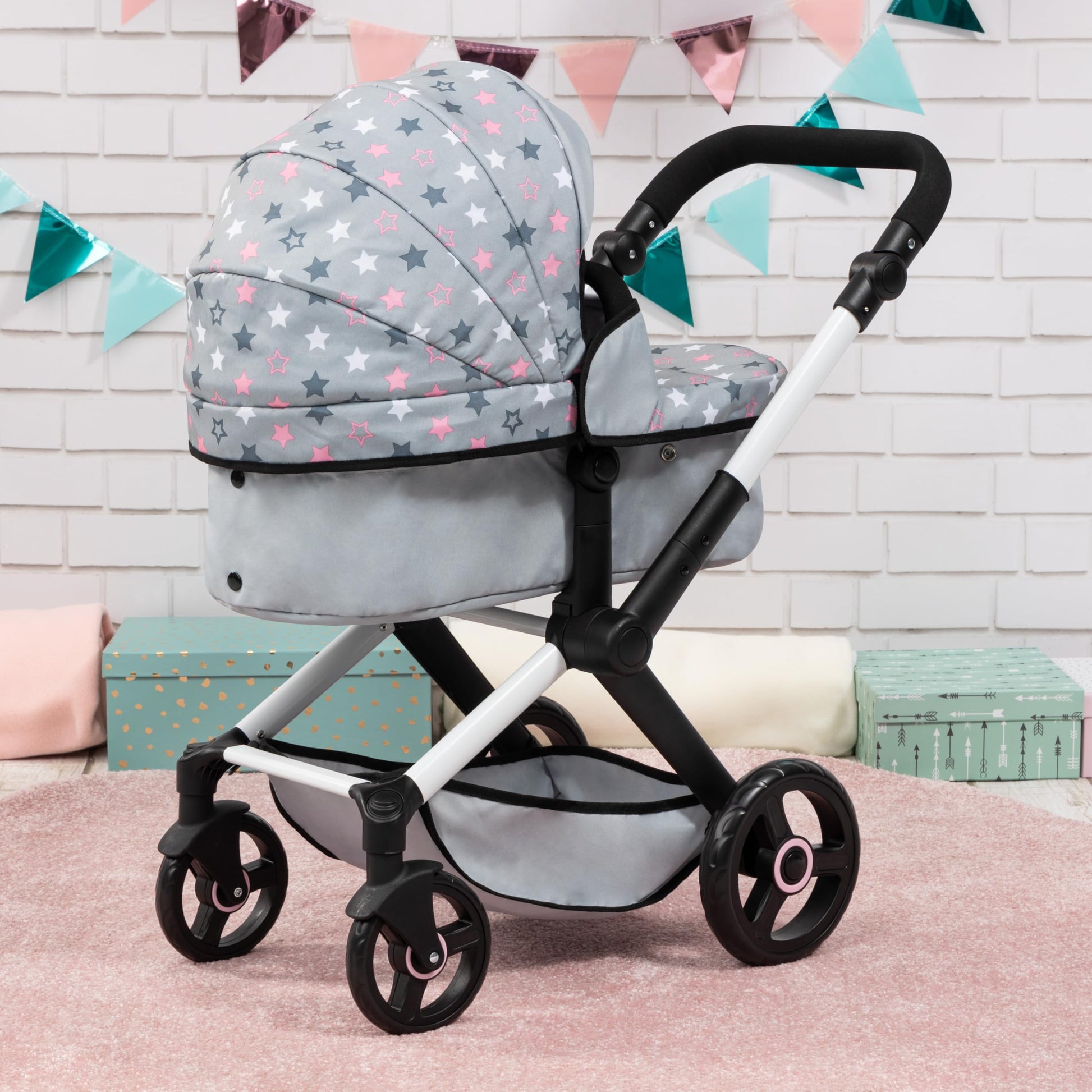 Bayer Baby Dolls Pram XEO convertible doll stroller in light grey and pink stars with adjustable handle for girls and tall dolls