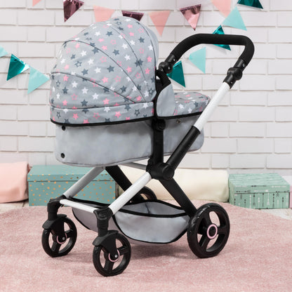 Bayer Baby Dolls Pram XEO convertible doll stroller in light grey and pink stars with adjustable handle for girls and tall dolls