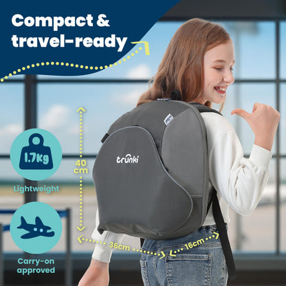 Trunki BoostApak Booster Seat & Kids Backpack - i-Size Travel Car Seat, 8 L Carry-On Approved Kids Rucksack & Car Booster (126-150 cm) - Grey