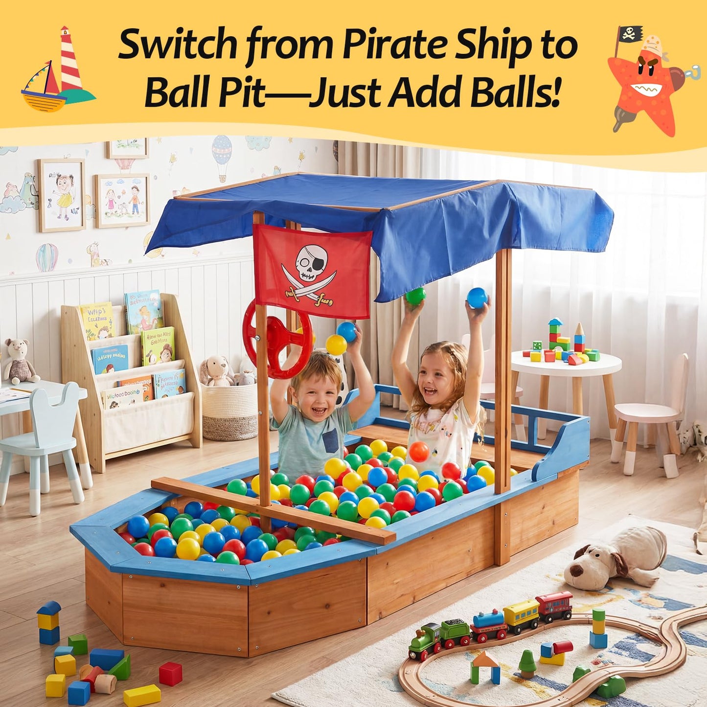 Warmiehomy Sand Pit With Lid For Toddlers Age 3-10 Wooden Kids, Pirate Ship Sand Boat With Canopy Liner Flag, Shell SandPit Outdoor Kids For Garden Backyard Creative Fun Gift For 3+ Years