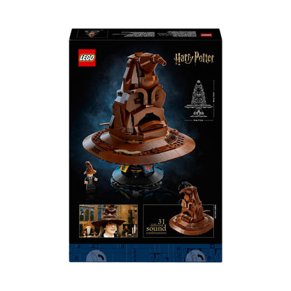 LEGO Harry Potter Talking Sorting Hat set with character minifigure, showcasing the detailed model and sound features.