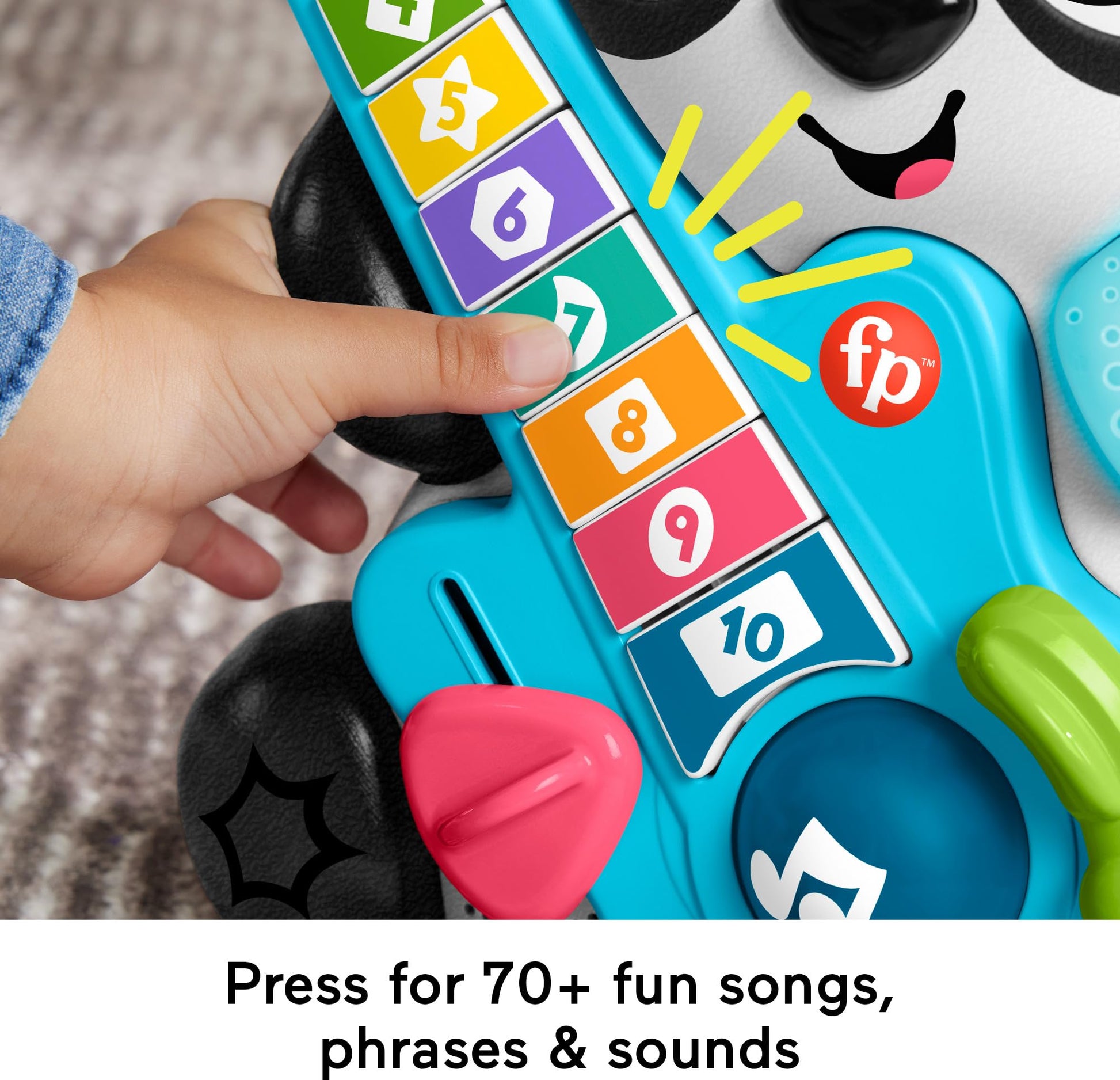 Fisher-Price Baby Learning Toy Link Squad Jam & Count Panda with music, lights, and colorful design for ages 9+ months.