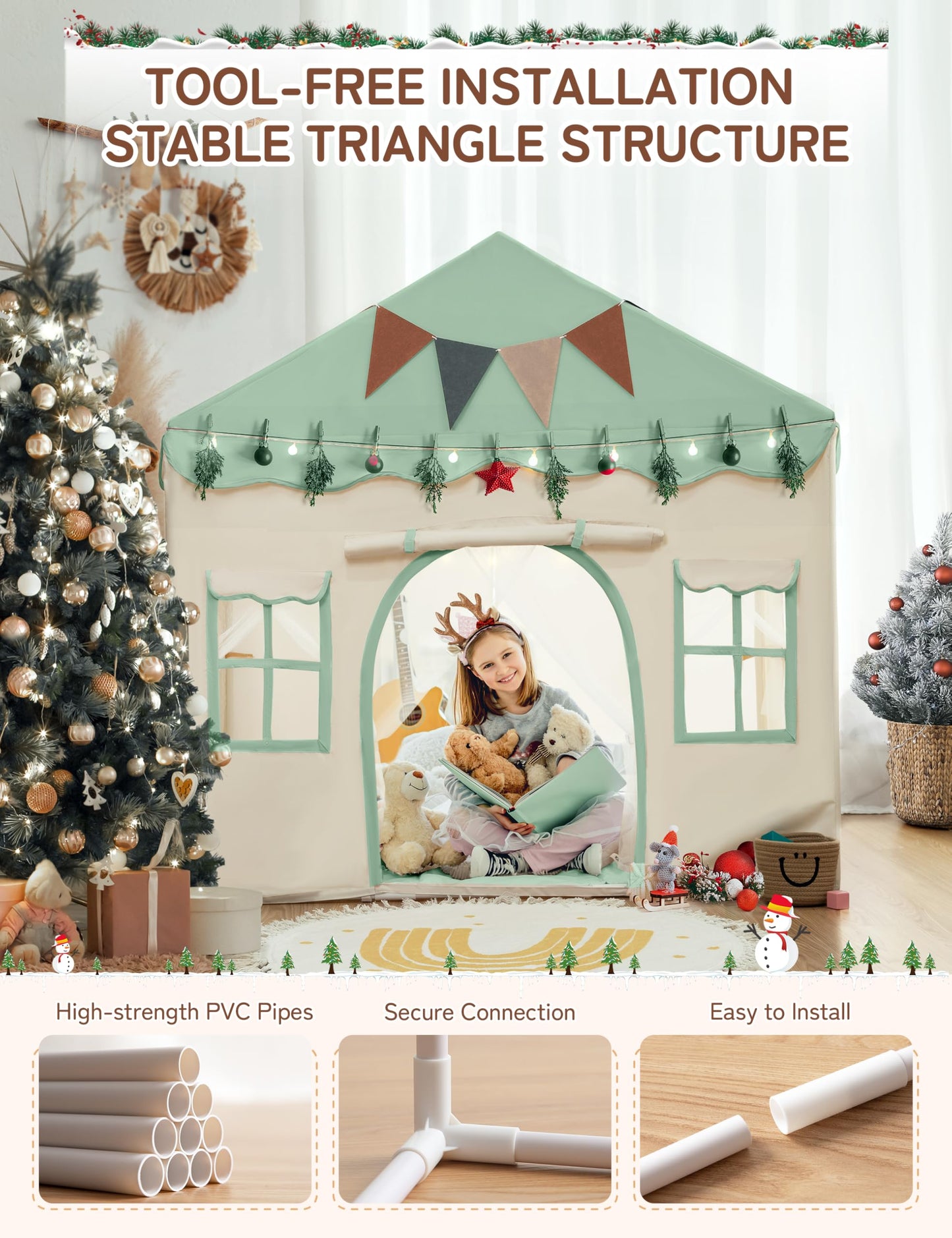 Green besrey 2-in-1 kids play house tent with lights, doors, and pad, designed for toddlers and children for indoor play and resting.