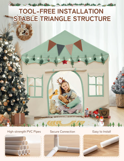 Green besrey 2-in-1 kids play house tent with lights, doors, and pad, designed for toddlers and children for indoor play and resting.