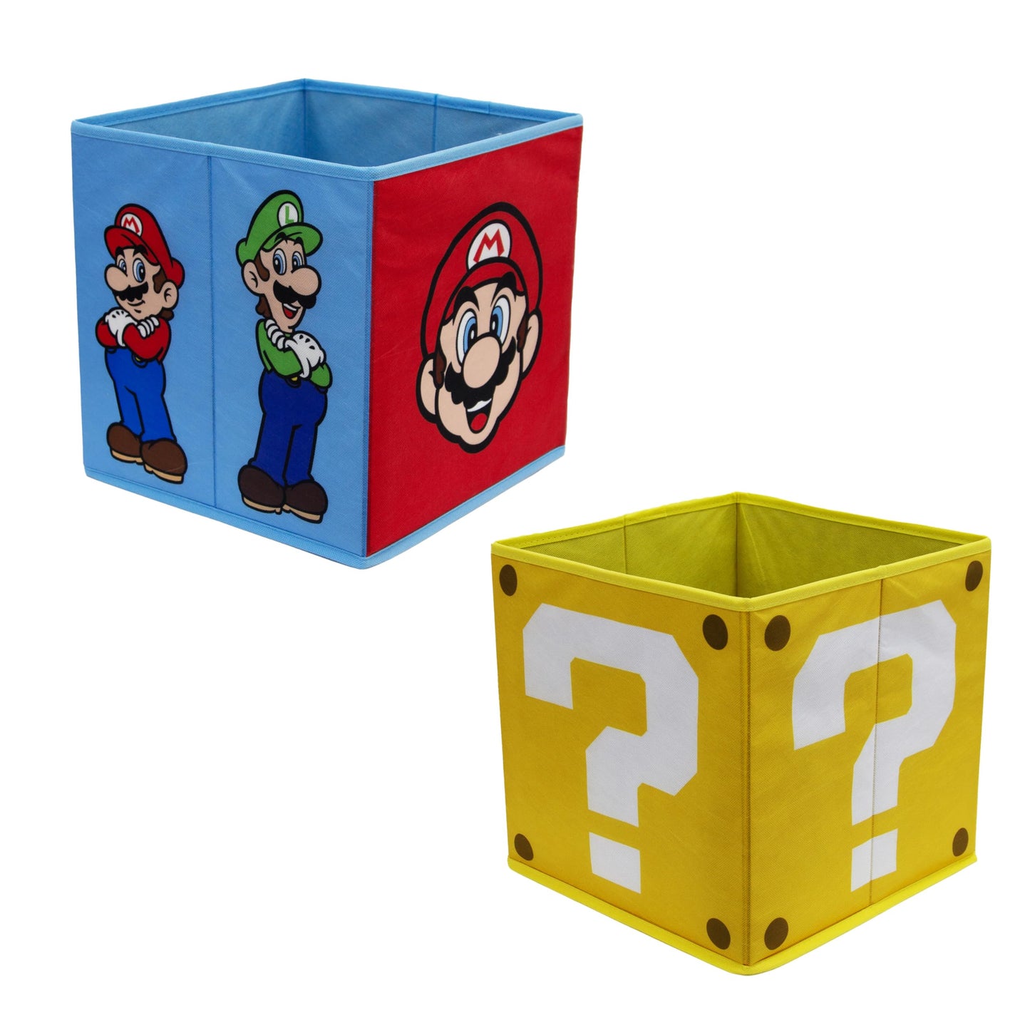 Nintendo Super Mario storage boxes by Character World, foldable 30x30cm cubes with Mario and Luigi faces for kids' room organization.