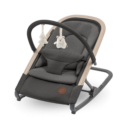 Maxi-Cosi Kori 2-in-1 ergonomic baby bouncer chair with toy arch, adjustable recline, lightweight design, and newborn pillow.