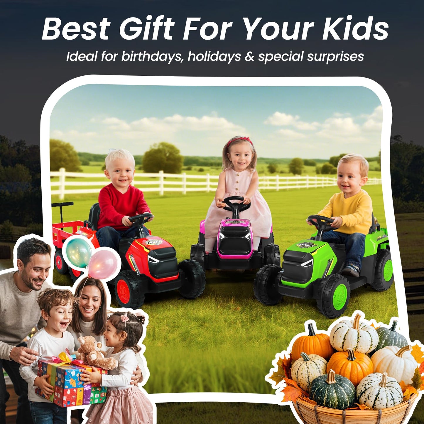 H.yeed Kids Ride on Tractor and Trailer Aged 3-6, 12V Battery Powered Electric Toy Car with Remote Control, Bluetooth Music, LED Lights & USB for Boys, Girls (Red)