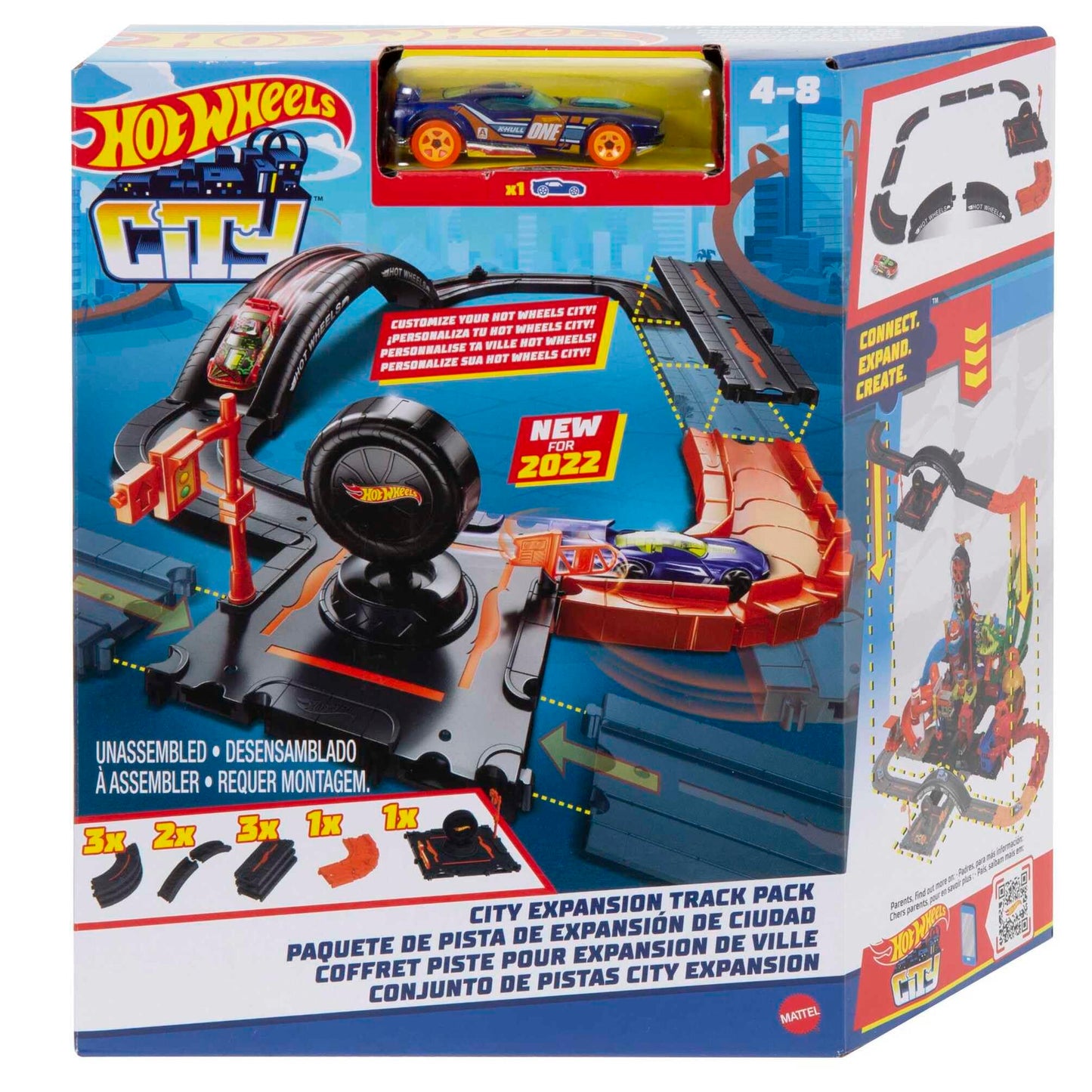 Hot Wheels City Track Pack with 10 pieces, including track base and car, designed for creating a cityscape for kids.