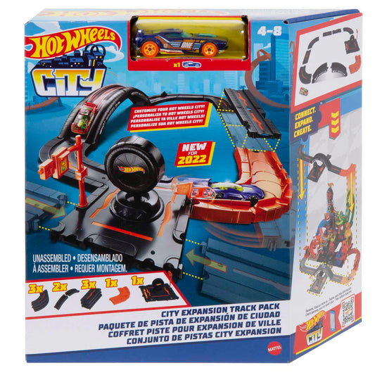 Hot Wheels City Track Pack with 10 pieces, including track base and car, designed for creating a cityscape for kids.