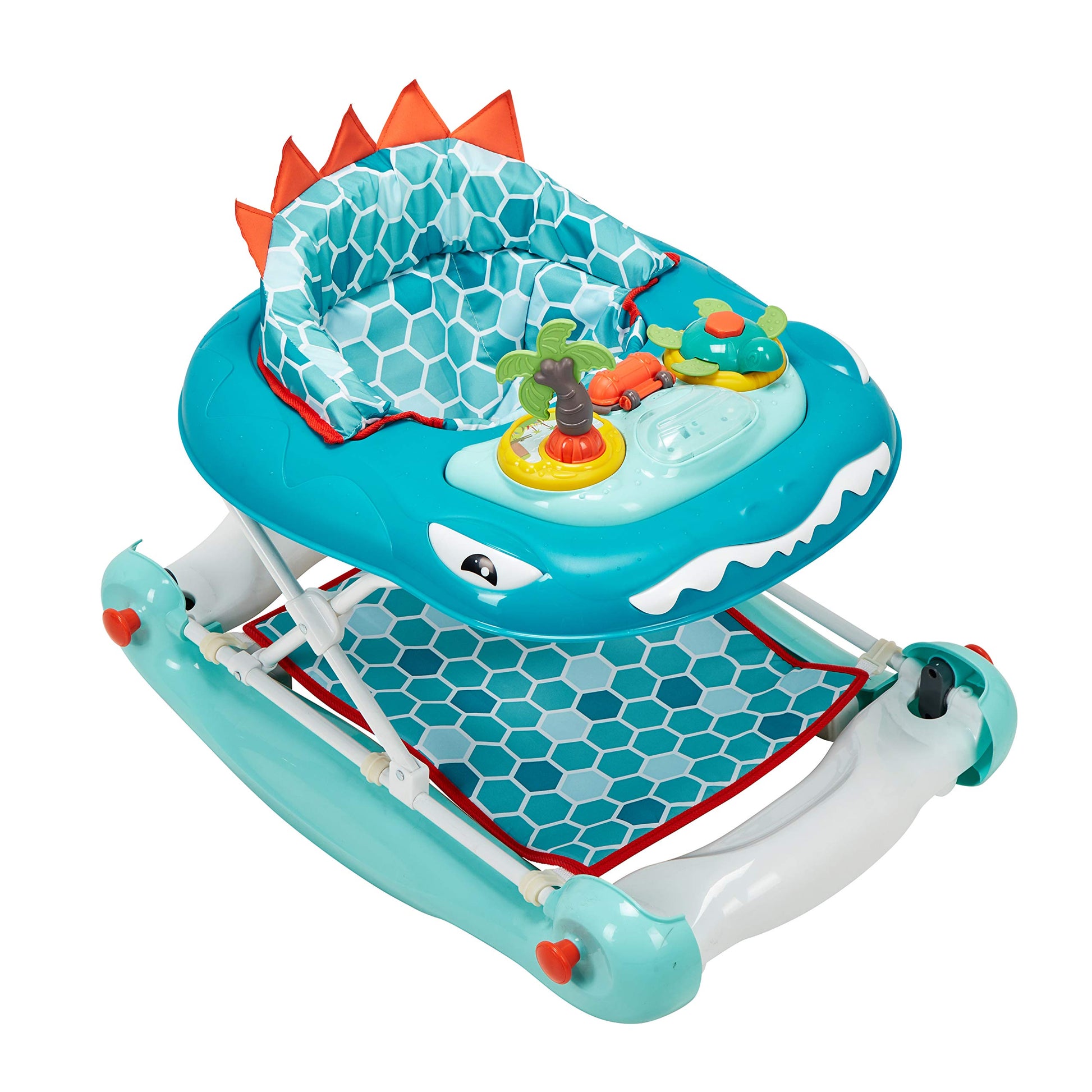 My Child Dino 3-in-1 Walk n Rock toy in aqua with a friendly dino design, featuring a seat and rocker for young children.