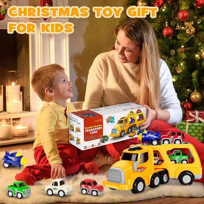 Aoskie toy car transporter truck with four pull-back car toys, perfect for 3-5 year old boys and toddlers, vehicle playset.
