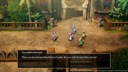 Screenshot of Dragon Quest I & II HD-2D Remake for PS5 showing colorful fantasy characters and game title on a vibrant background.