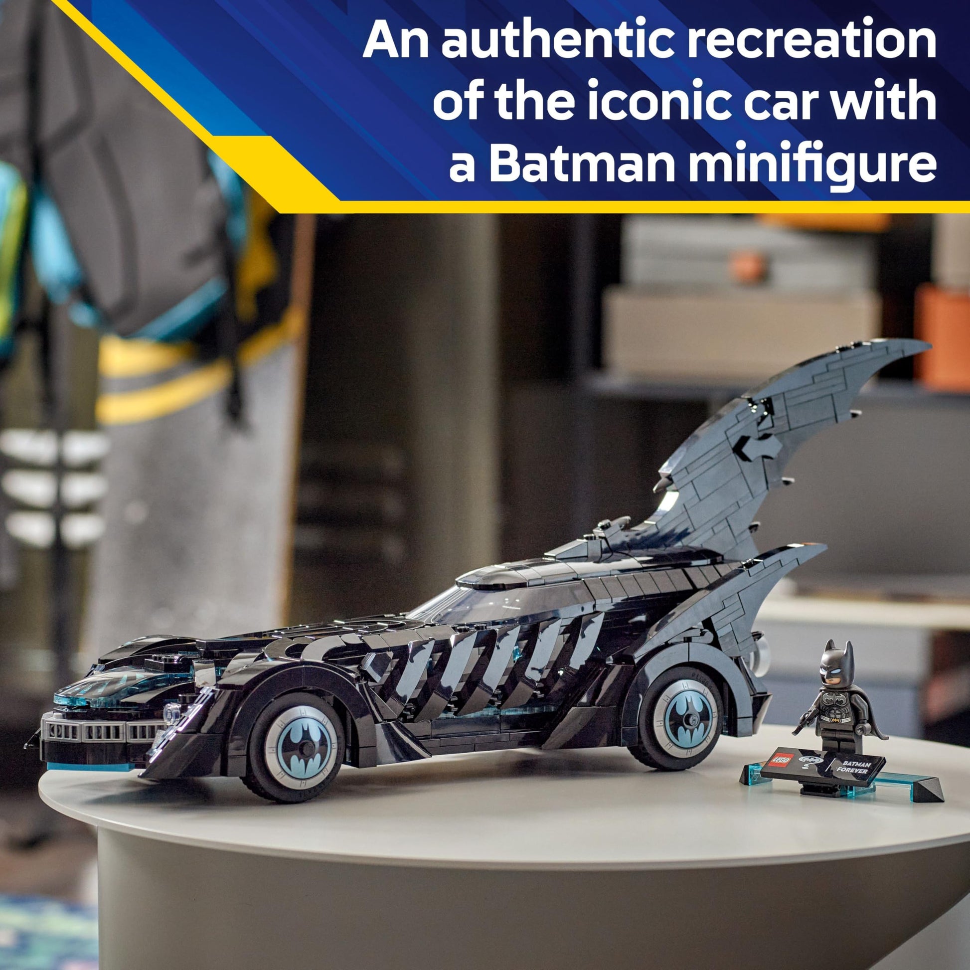 LEGO DC Batman Forever Batmobile toy showing detailed interior and cockpit with included Batman minifigure.