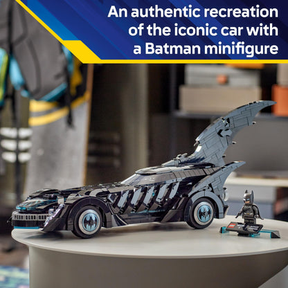 LEGO DC Batman Forever Batmobile toy showing detailed interior and cockpit with included Batman minifigure.