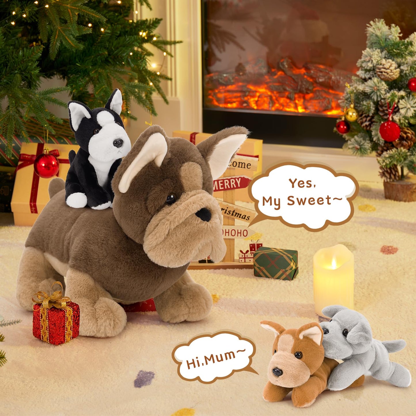 MorisMos Giant 45cm Dog Soft Toy with 3 Cuddly Puppies Baby Inside, Big Fluffly French Bulldog Plush, Realistic Kawaii Dog Teddy Gift for Kids Birthday Christmas Deco