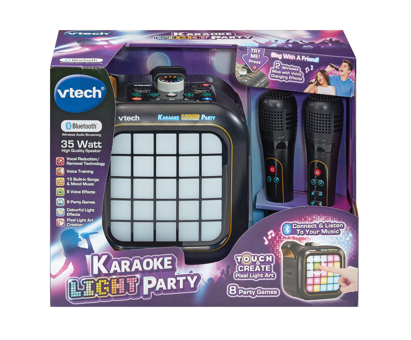 VTech Karaoke Light Party machine with two wireless microphones, Bluetooth speaker, light show, and game controls for teens.