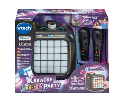 VTech Karaoke Light Party machine with two wireless microphones, Bluetooth speaker, light show, and game controls for teens.