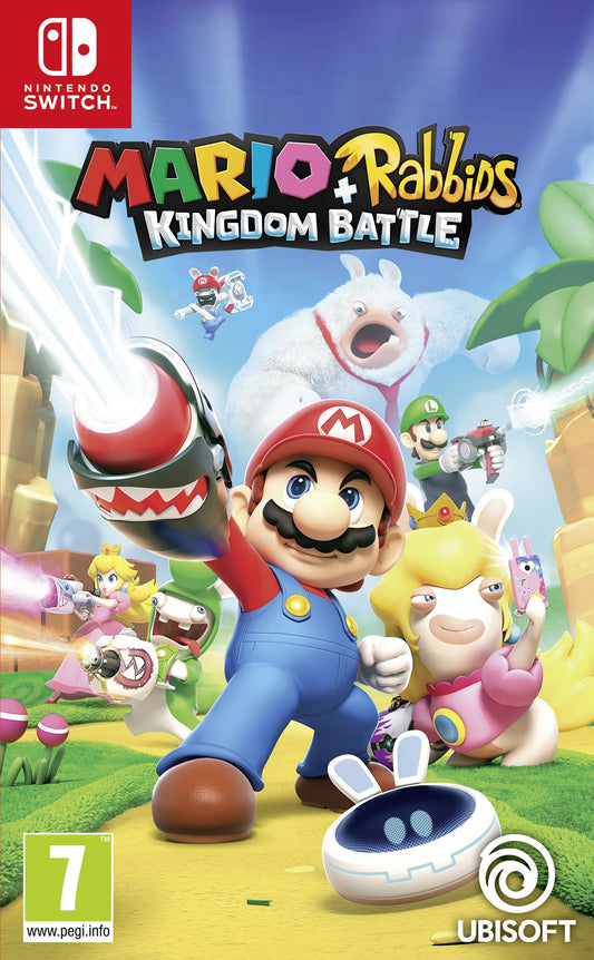 Nintendo Switch game cover for Mario + Rabbids Kingdom Battle by Ubisoft featuring colorful characters and dynamic action scenes.