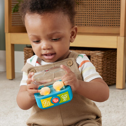 Fisher-Price Laugh & Learn baby toy with colorful ear buds, music, and lights for ages 6+ months, multilingual version.