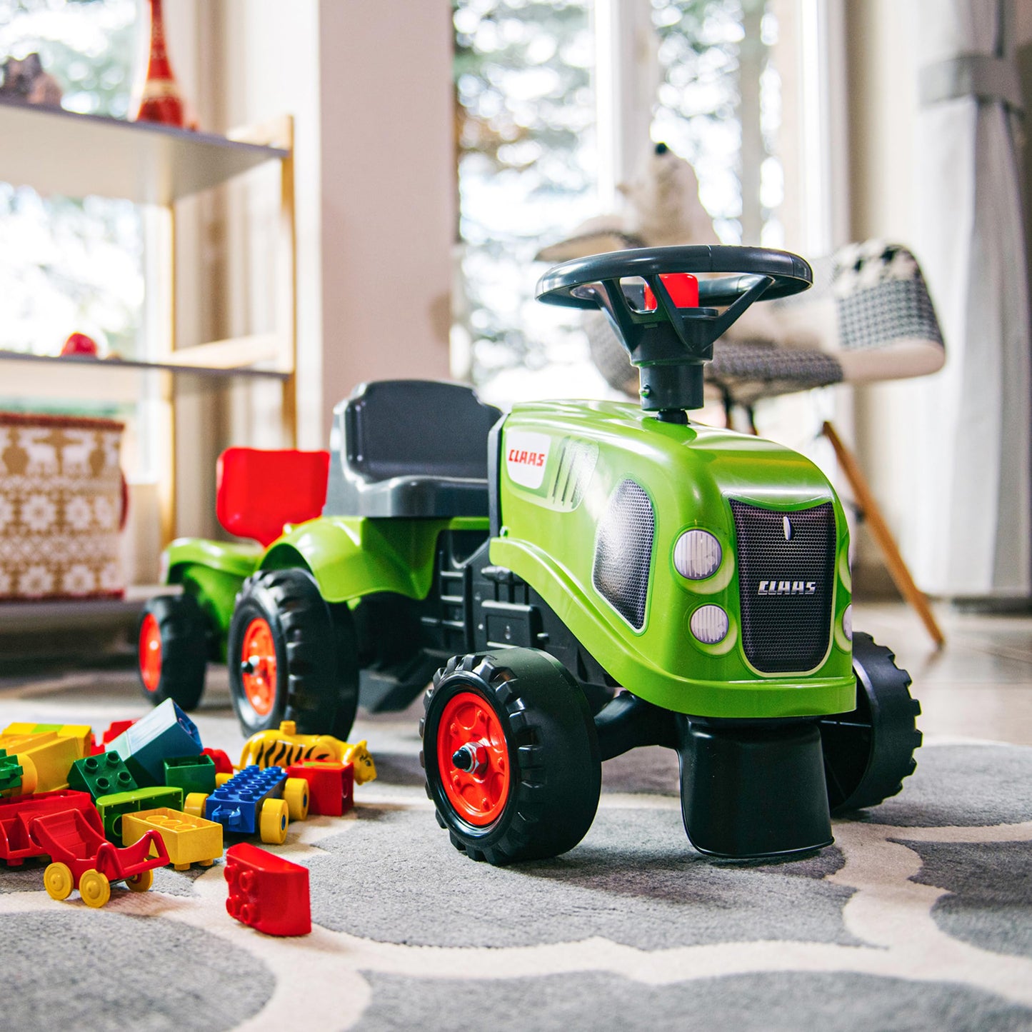 Falk Claas Tractor Ride-On with Trailer, from 12 Months, Made in France, Shovel and Rake Included-2 Styles, Customisable License Plate, 212C, Green