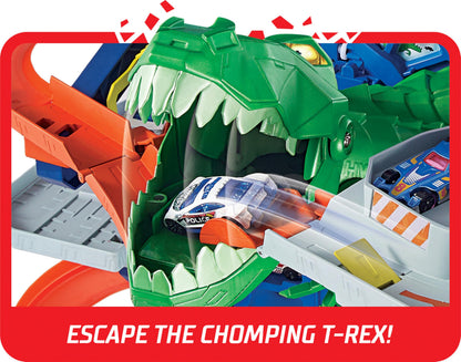 Hot Wheels City Ultimate Garage Playset with T-Rex dinosaur, multi-level racetrack, and space for 100 toy cars.