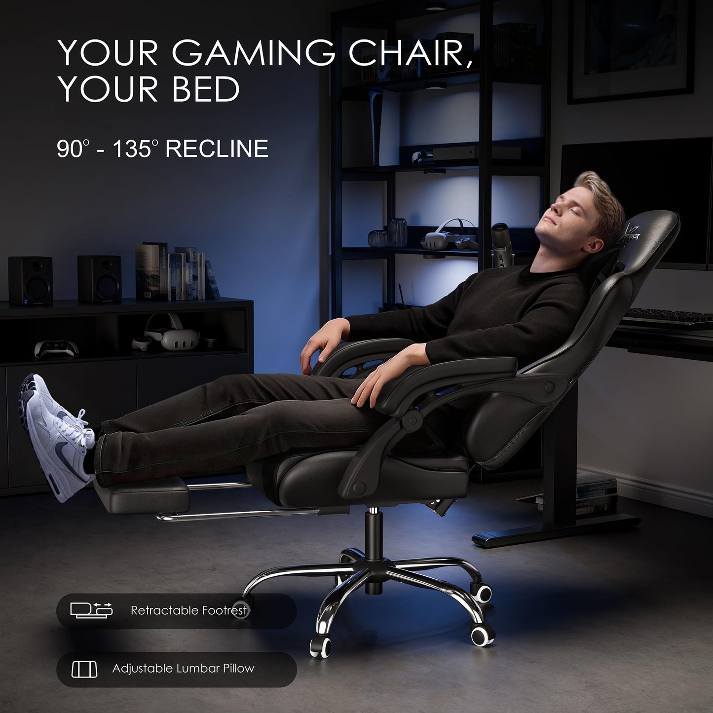 Black Blisswood gaming chair with ergonomic design, footrest, headrest, lumbar support, and height-adjustable high back for adults.