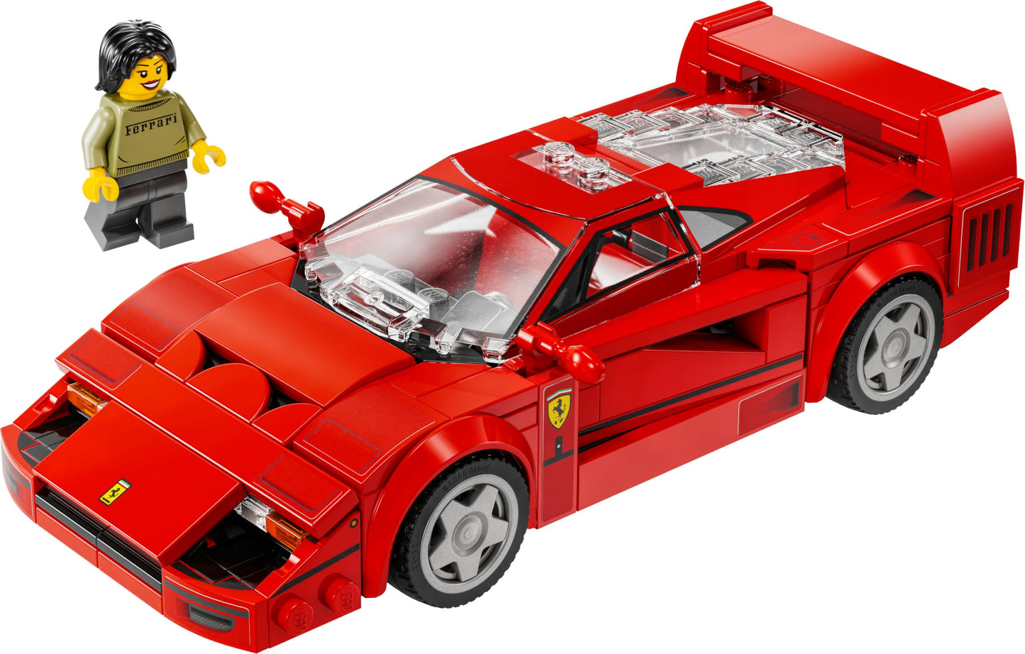 LEGO Speed Champions Ferrari F40 supercar model with driver minifigure, ideal for kids' bedroom decoration.